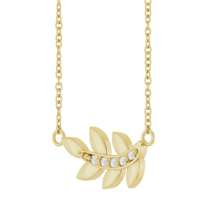 Accented Leaf Pendant Necklace 14K Yellow, White or Rose Gold