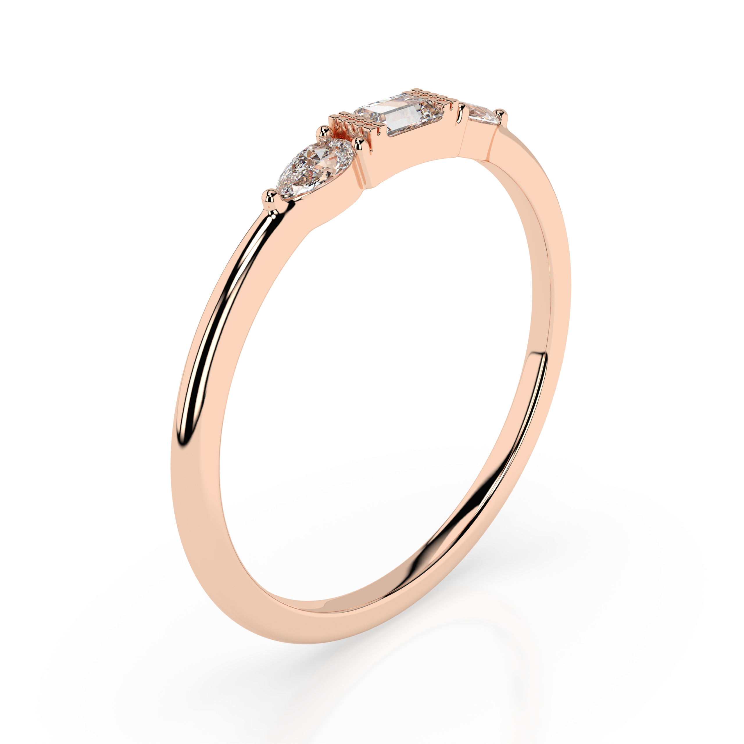 The Camilia Three-Stone Baguette and Pear Cut Natural Diamond Ring