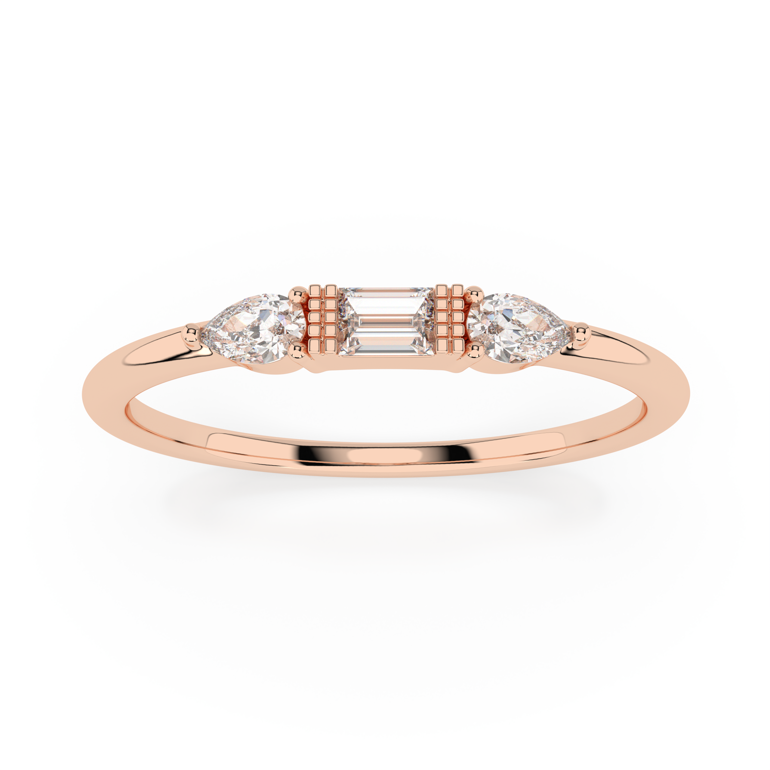 The Camilia Three-Stone Baguette and Pear Cut Natural Diamond Ring