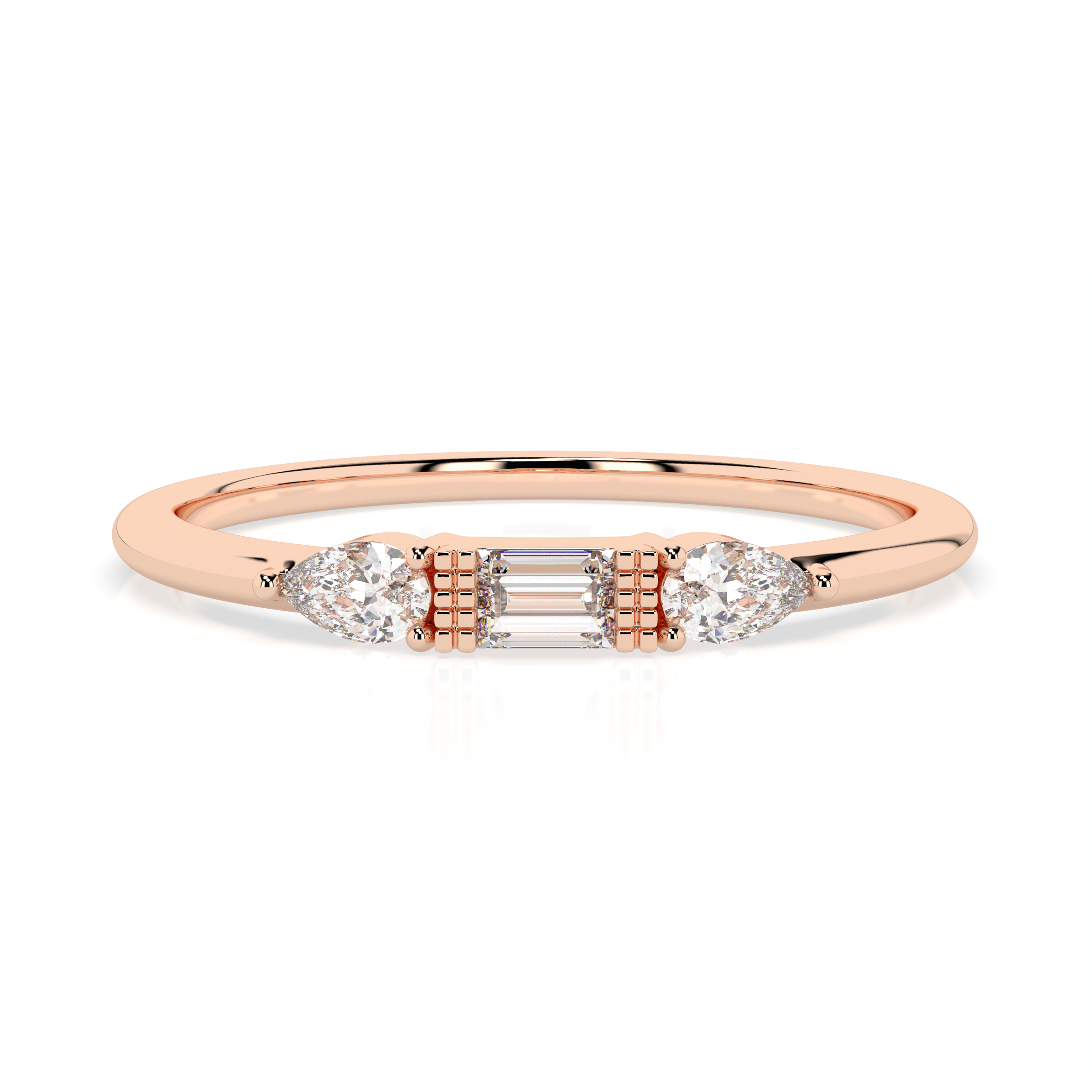 The Camilia Three-Stone Baguette and Pear Cut Natural Diamond Ring