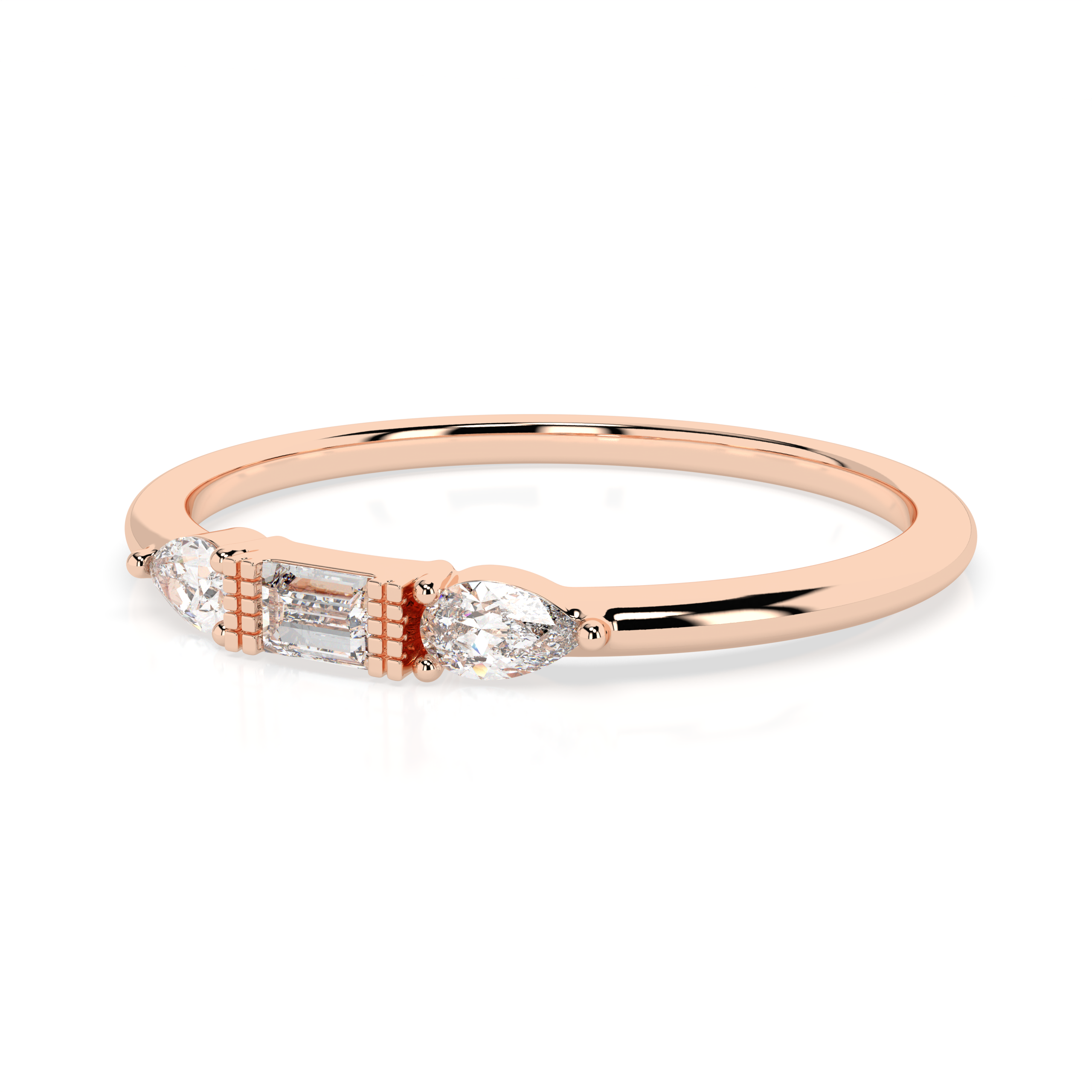 The Camilia Three-Stone Baguette and Pear Cut Natural Diamond Ring