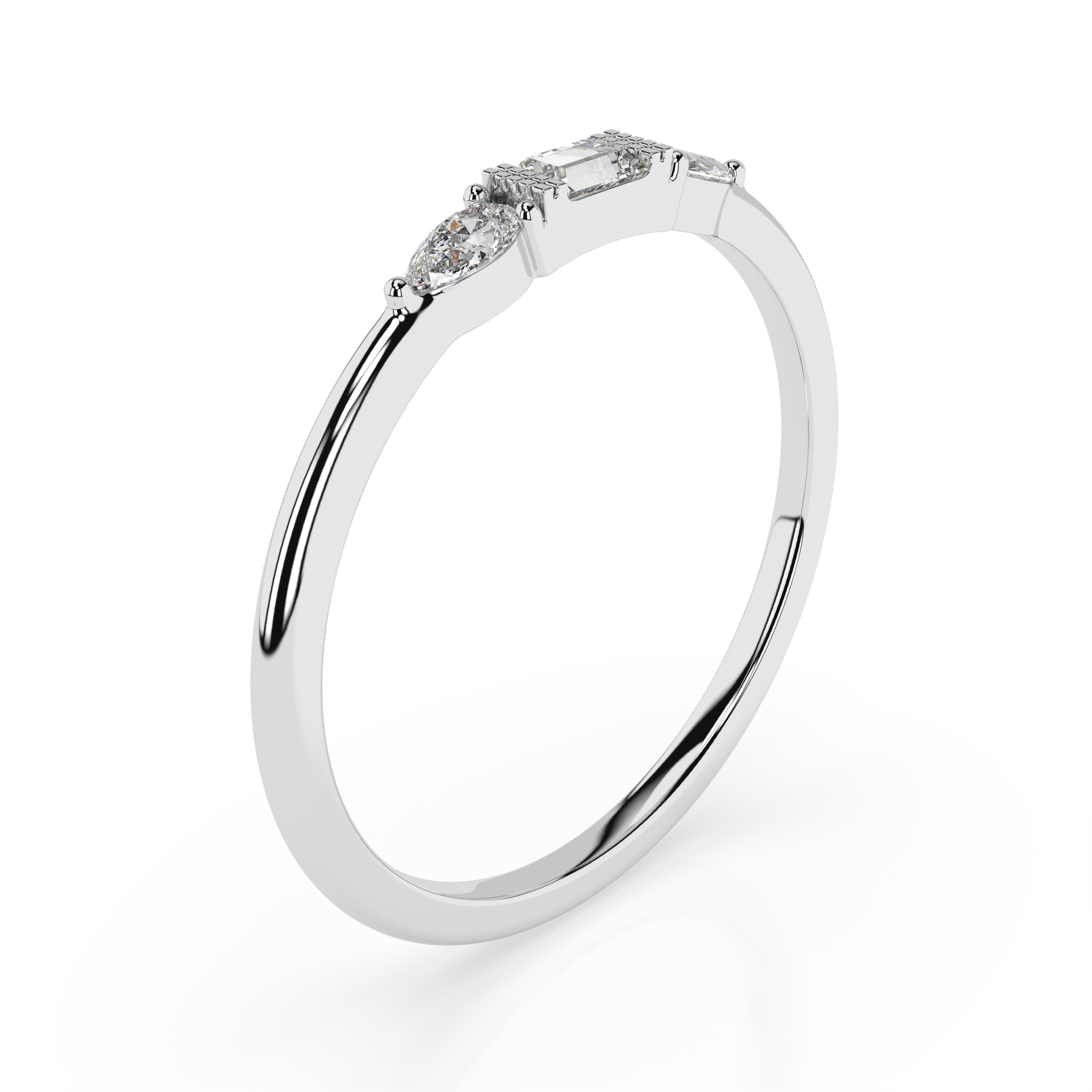 The Camilia Three-Stone Baguette and Pear Cut Natural Diamond Ring