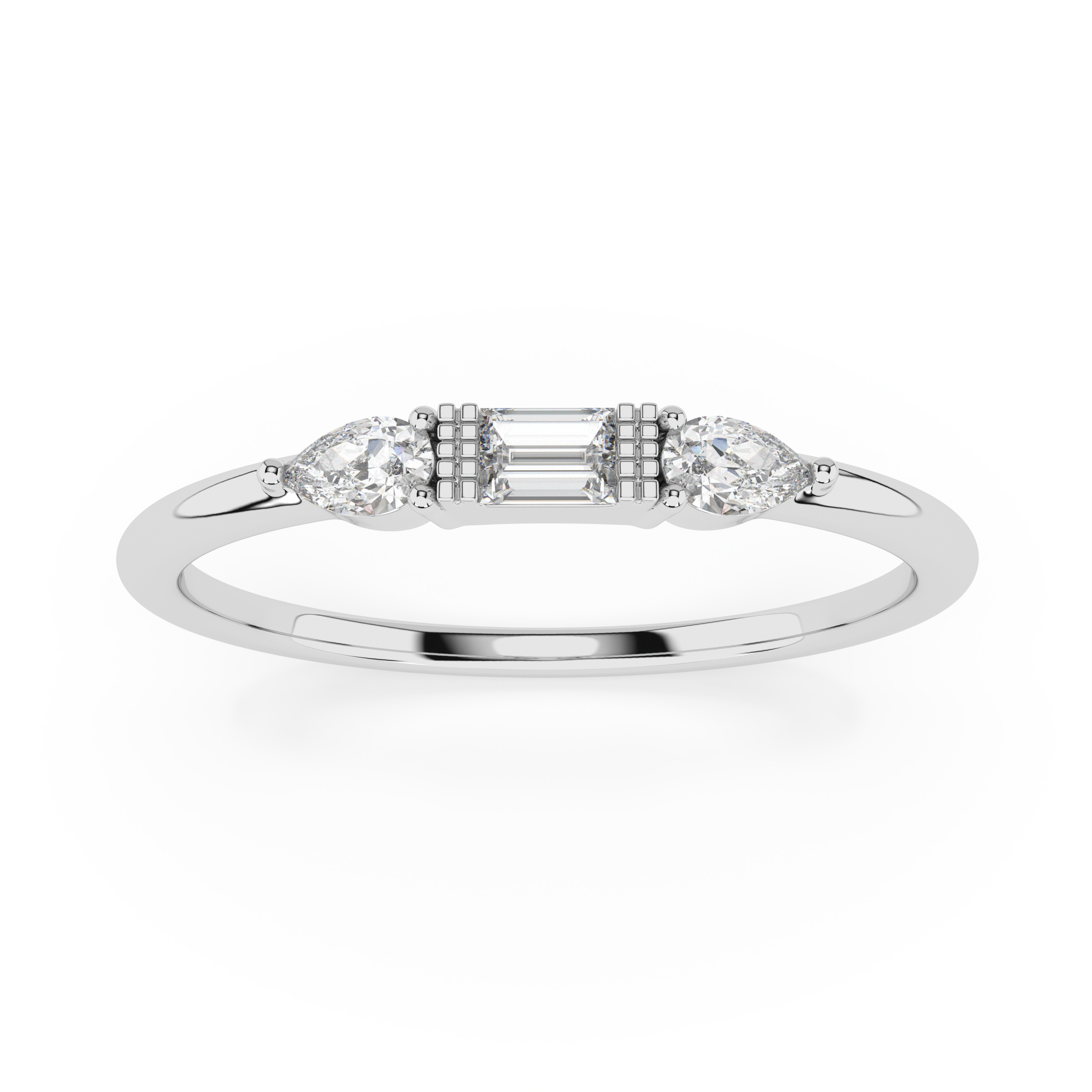 The Camilia Three-Stone Baguette and Pear Cut Natural Diamond Ring