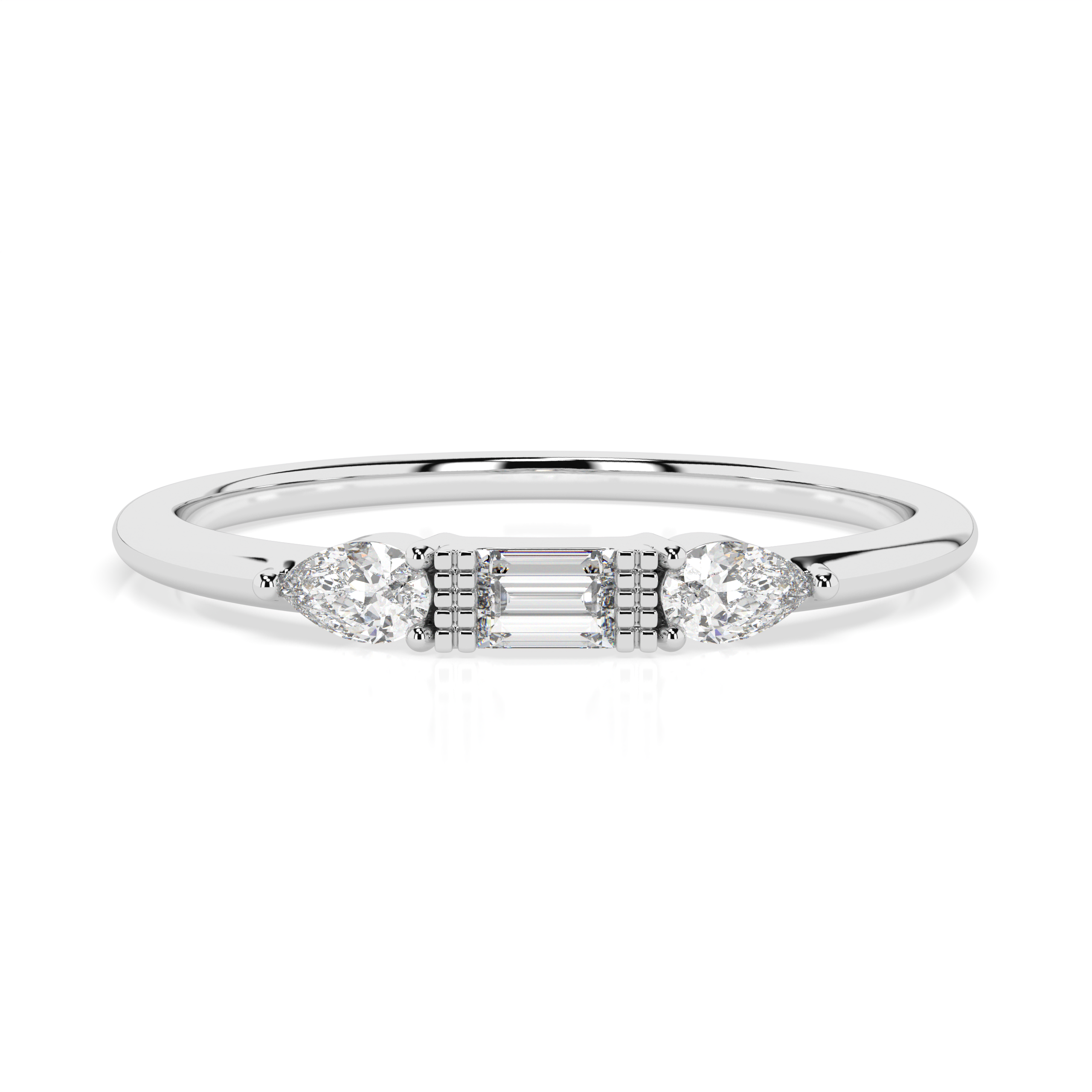 The Camilia Three-Stone Baguette and Pear Cut Natural Diamond Ring