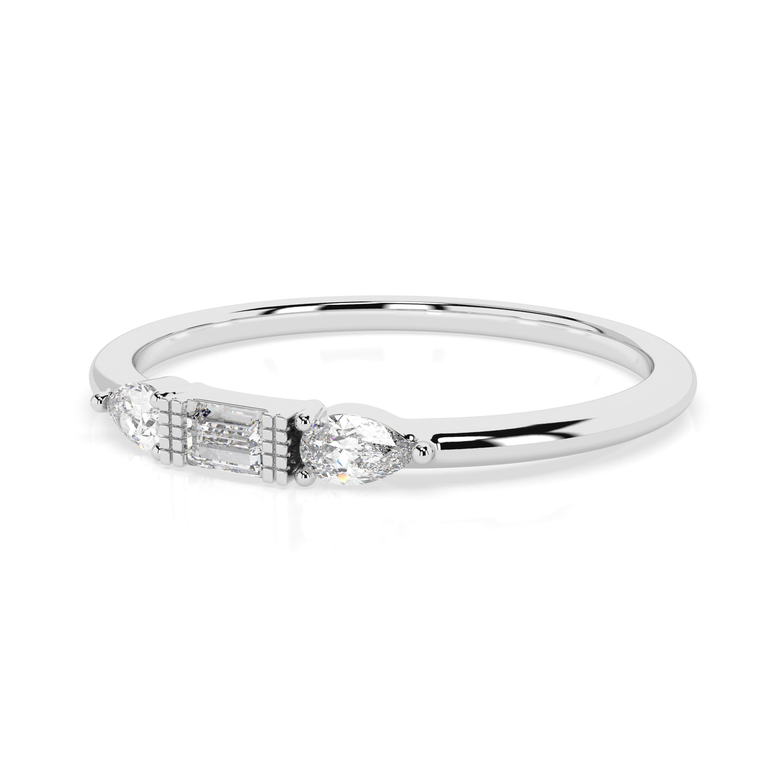 The Camilia Three-Stone Baguette and Pear Cut Natural Diamond Ring