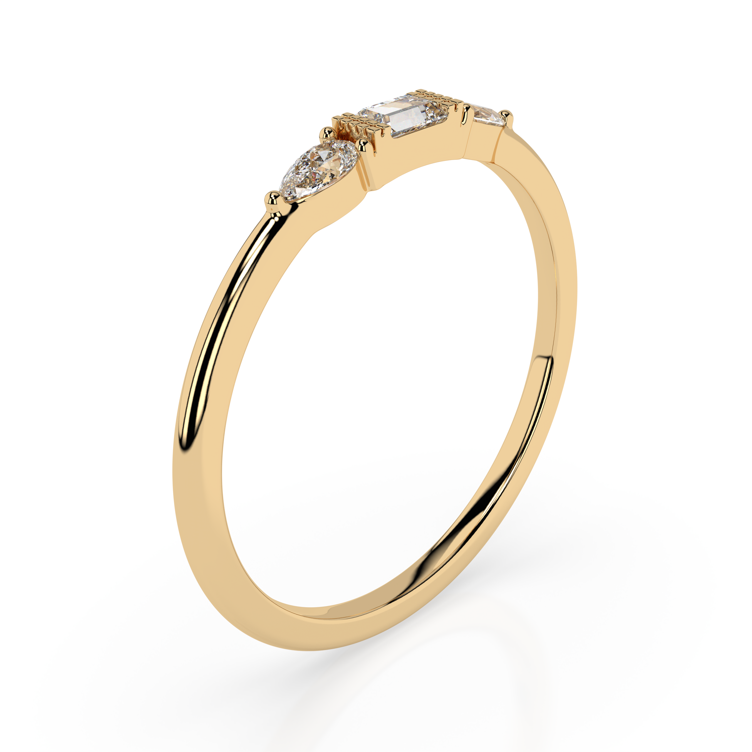 The Camilia Three-Stone Baguette and Pear Cut Natural Diamond Ring