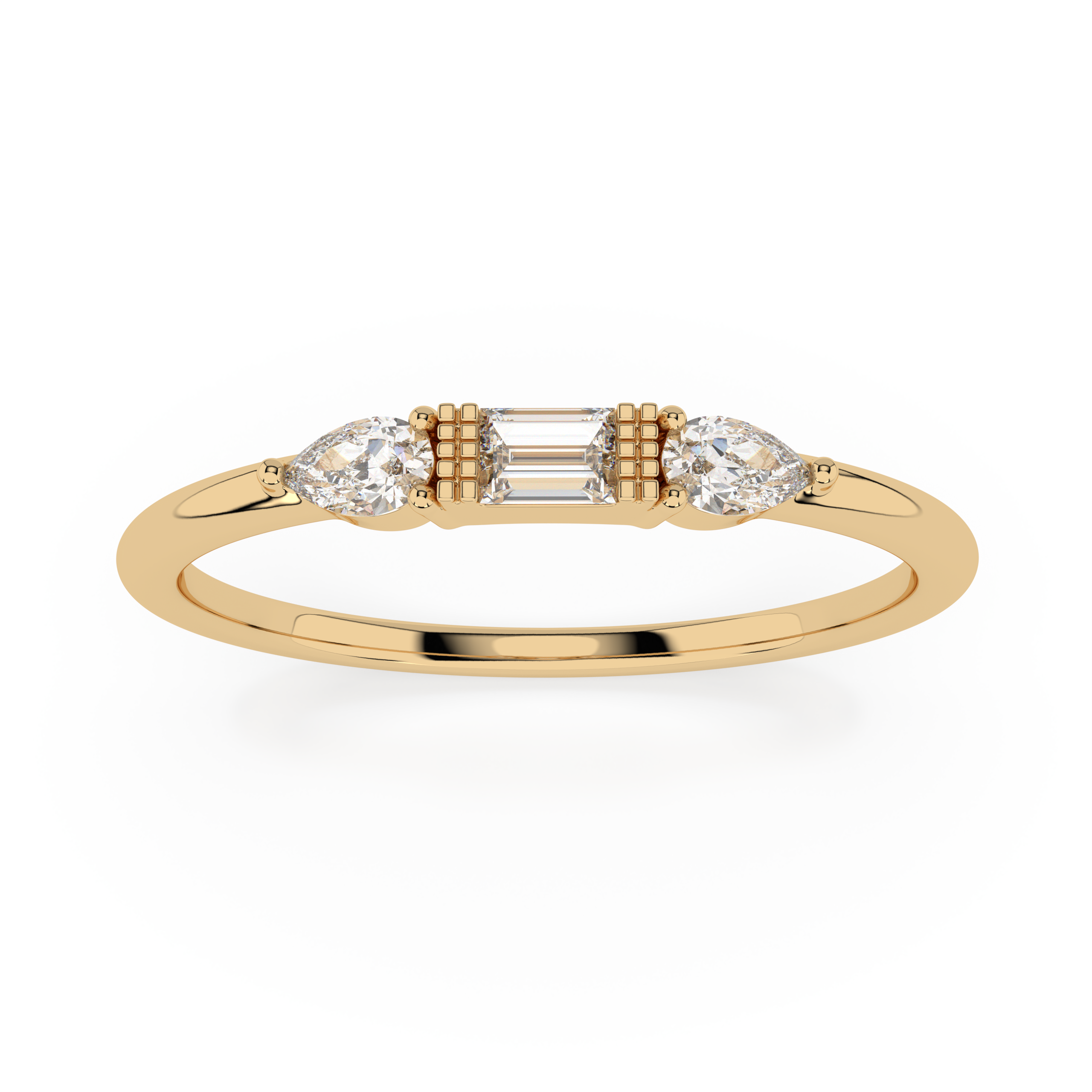 The Camilia Three-Stone Baguette and Pear Cut Natural Diamond Ring