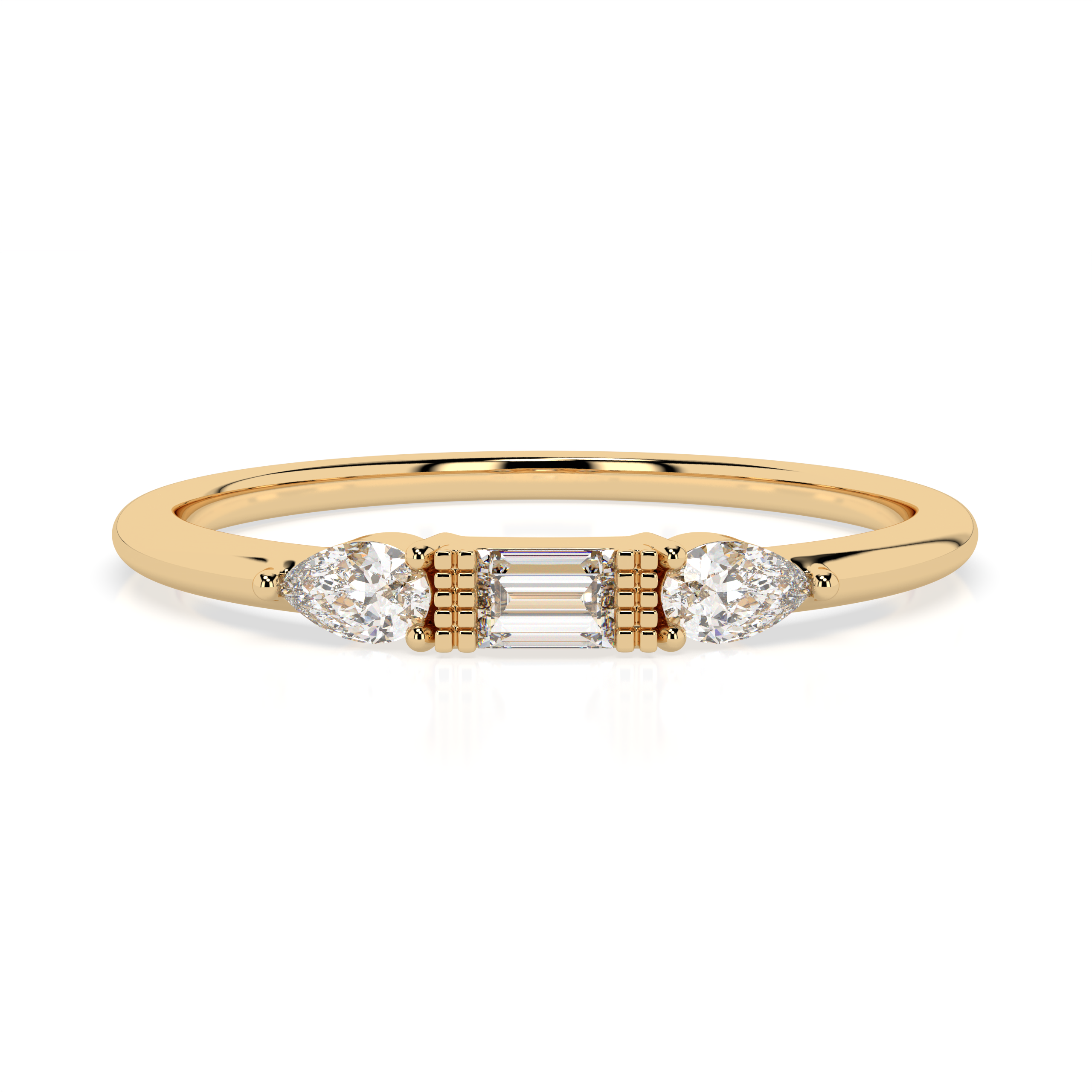 The Camilia Three-Stone Baguette and Pear Cut Natural Diamond Ring