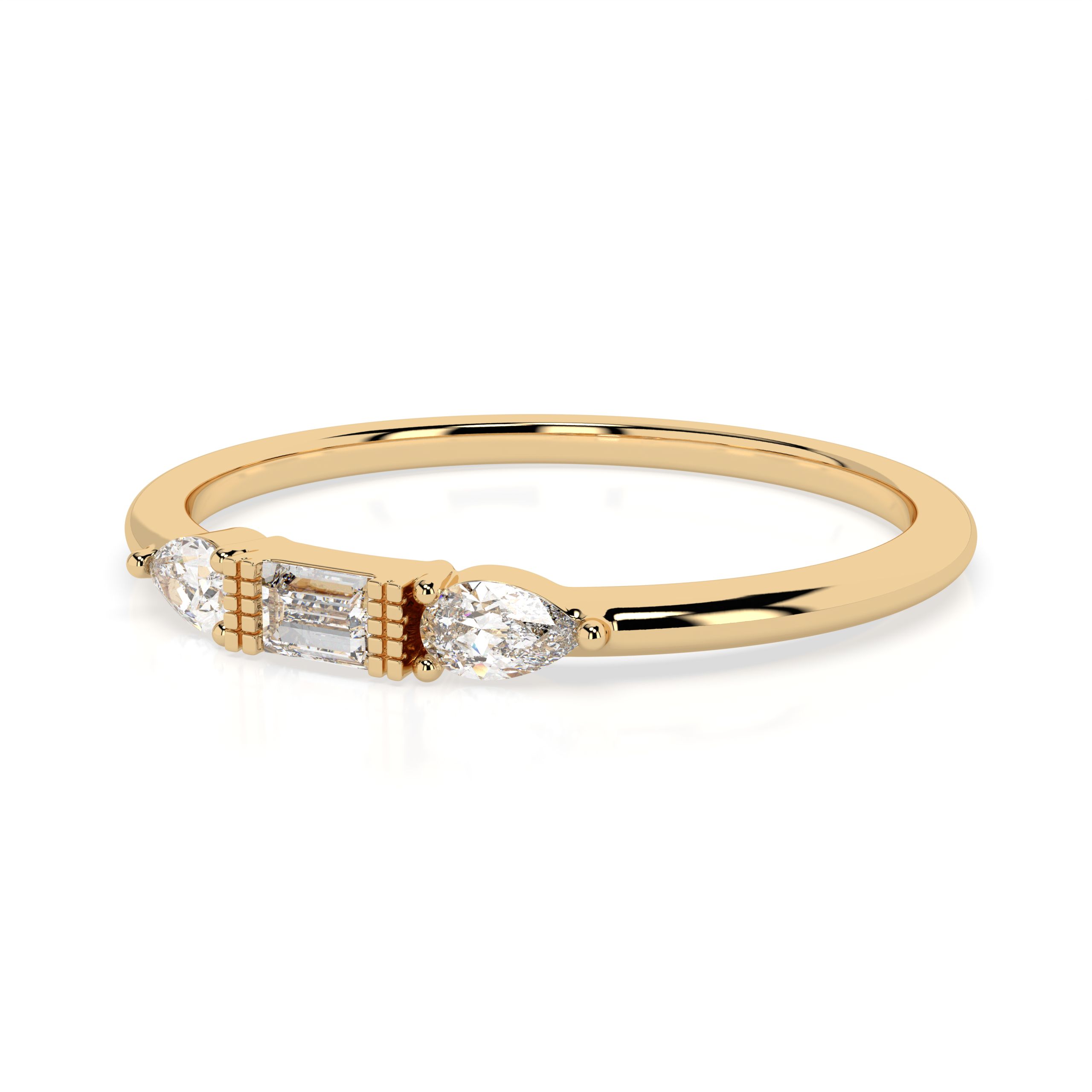 The Camilia Three-Stone Baguette and Pear Cut Natural Diamond Ring