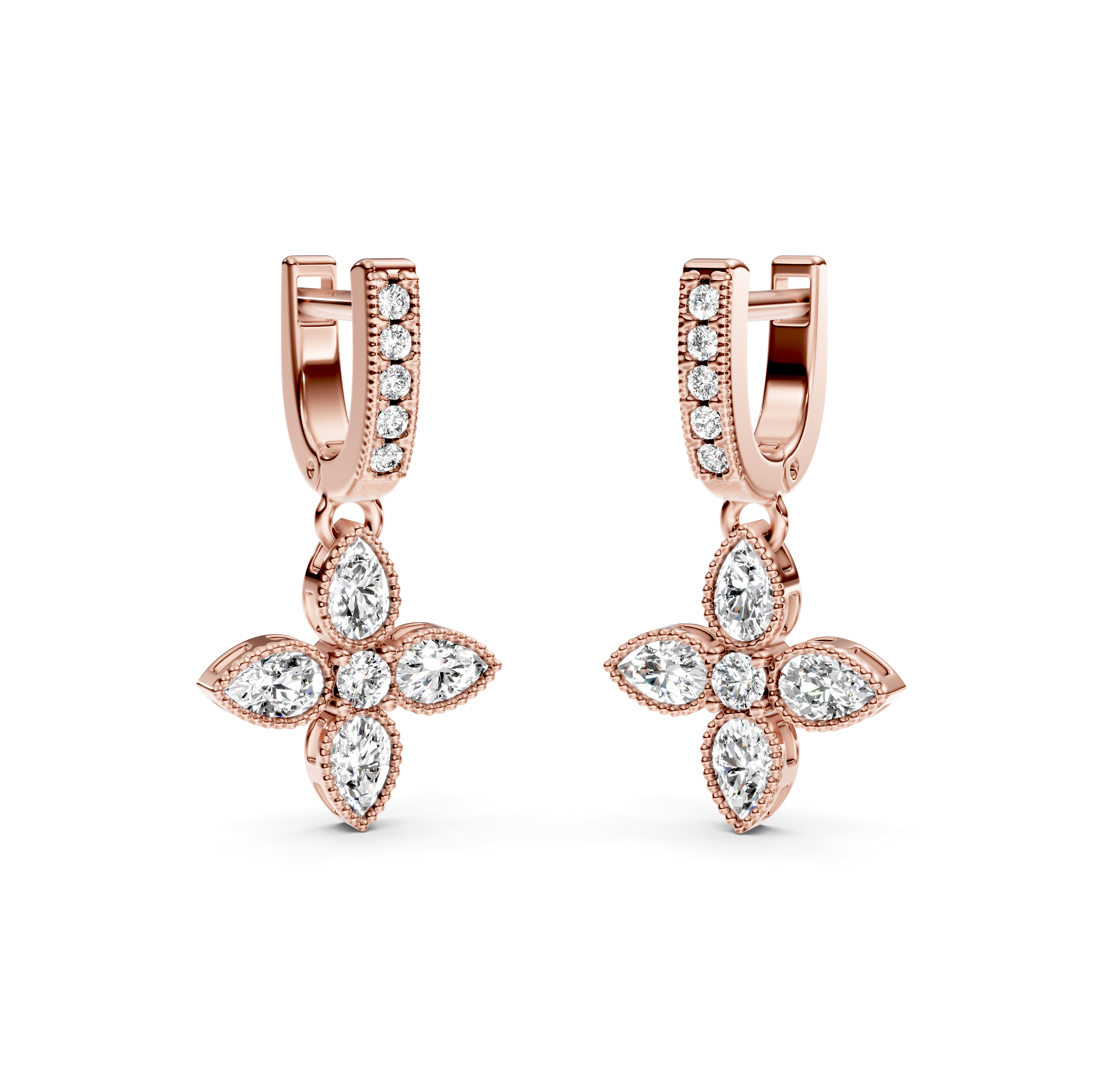 Flower Drop Milgrain Diamond Earrings