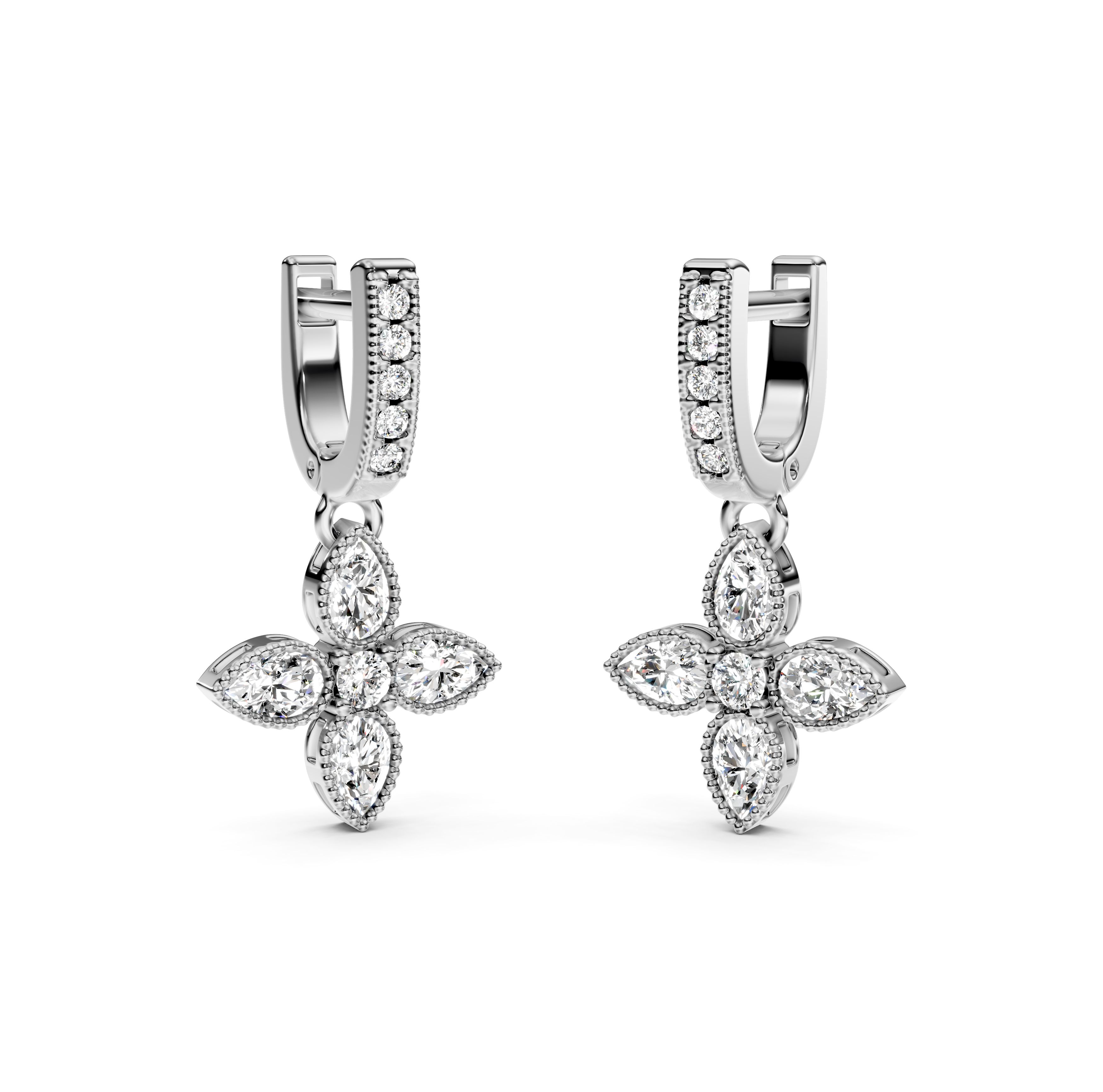 Flower Drop Milgrain Diamond Earrings