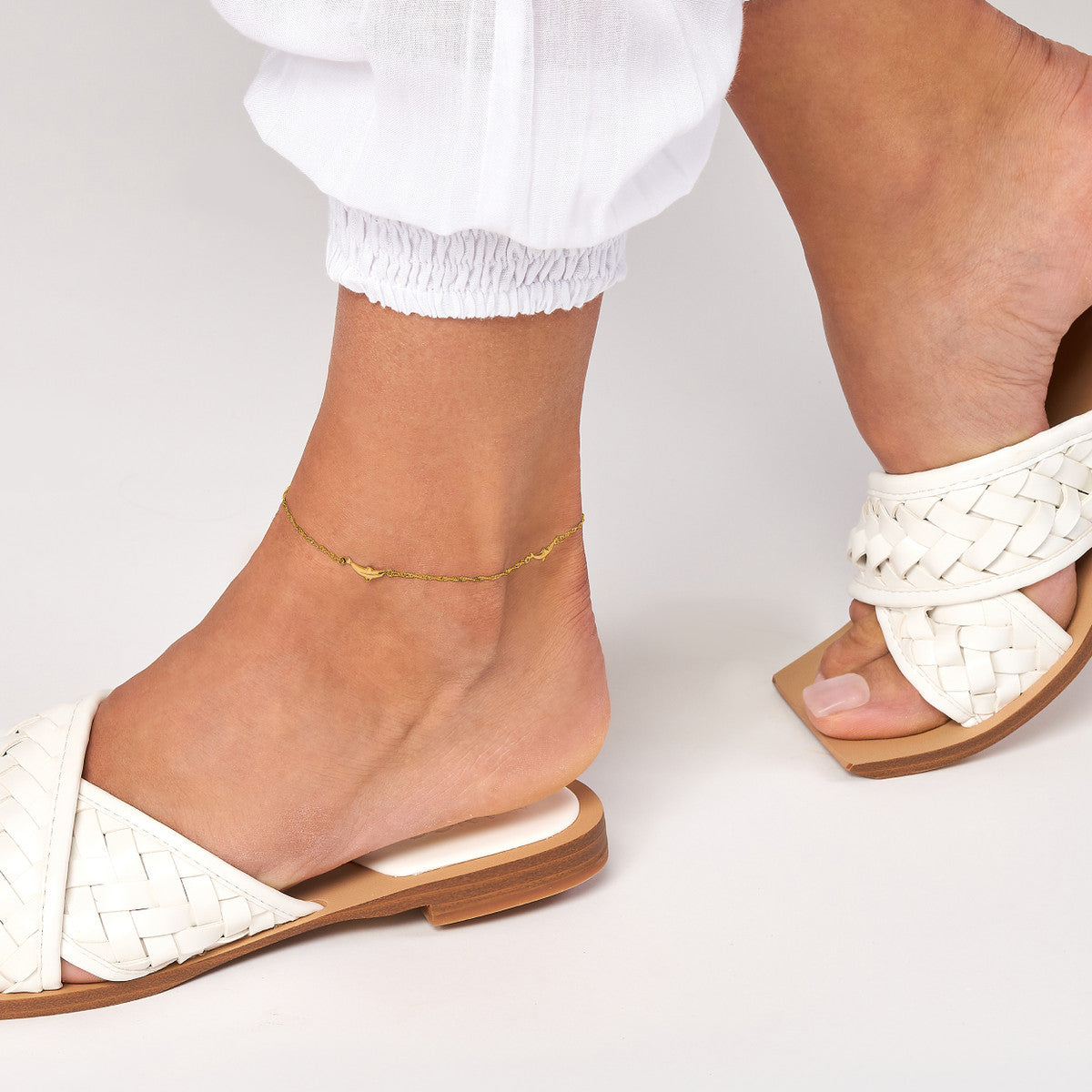 Dolphin Trio Adjustable Anklet 14K Yellow or White Gold