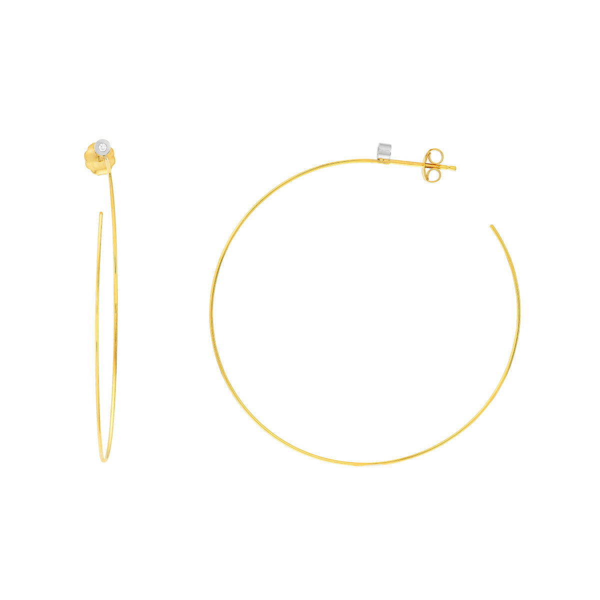 50mm Open End Hoop Earrings with 3pt Diamond Bezel 14K Two-tone Gold
