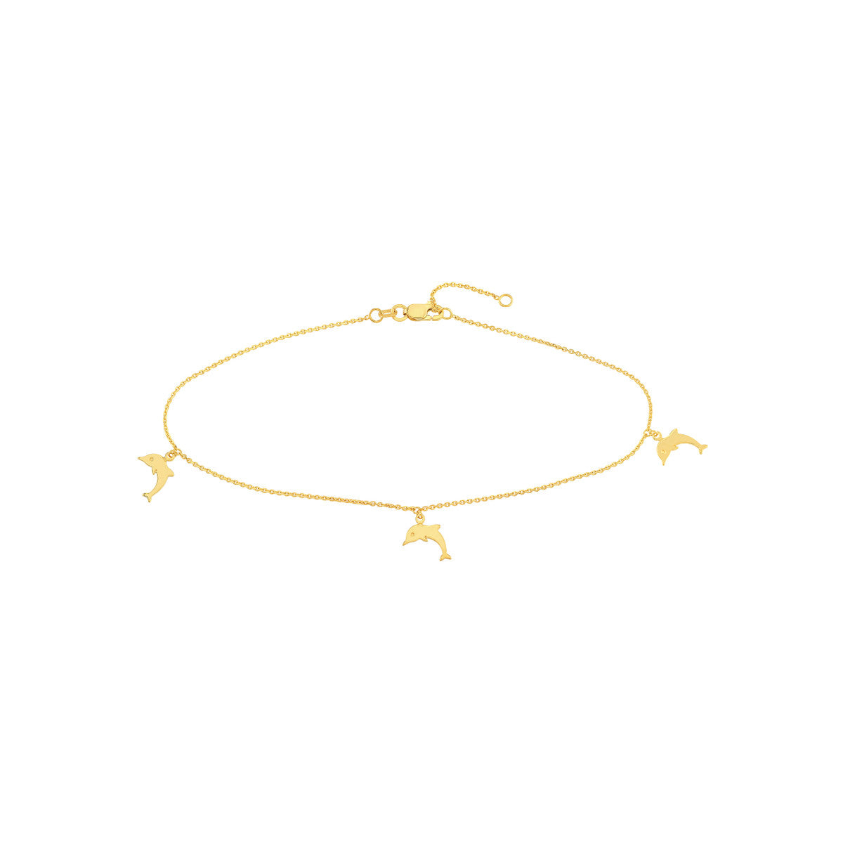 Dolphin Dangle Trio Adjustable Anklet 14K Yellow Gold