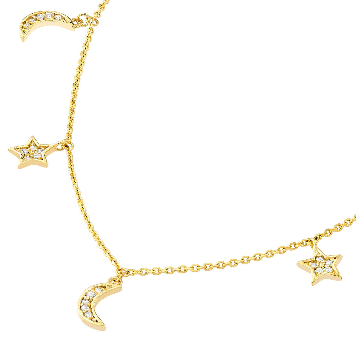 Diamond Star and Moon Dangle Necklace 14K Yellow Gold