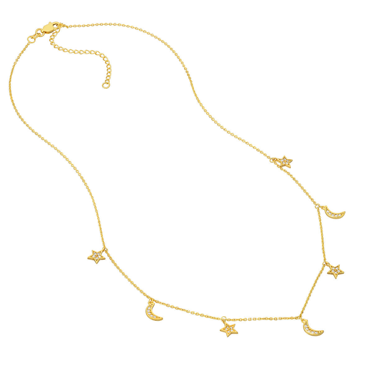 Diamond Star and Moon Dangle Necklace 14K Yellow Gold
