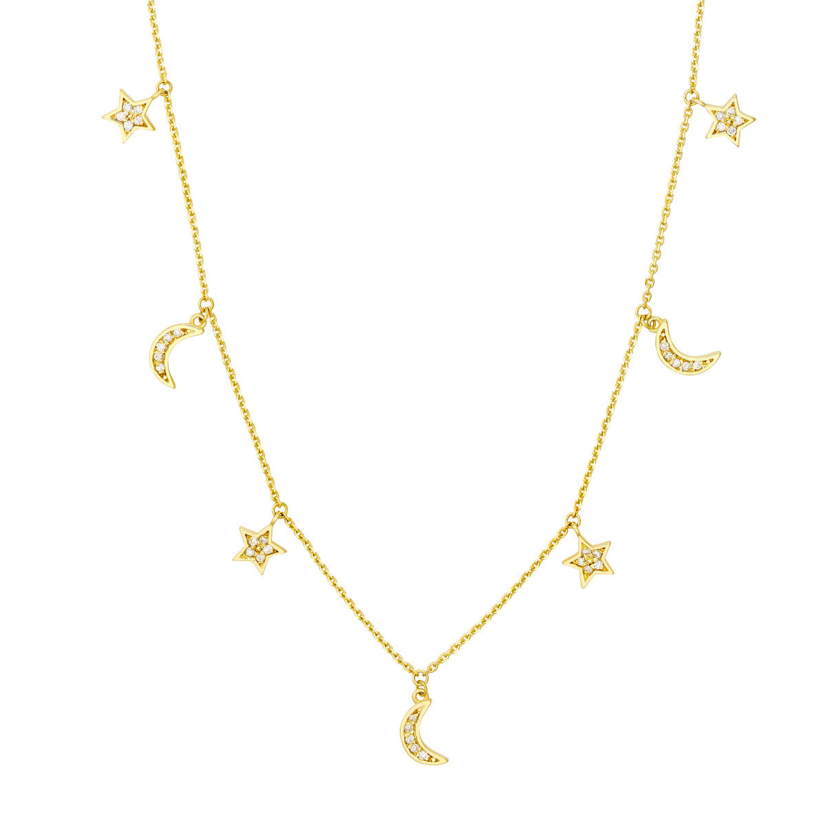 Diamond Star and Moon Dangle Necklace 14K Yellow Gold