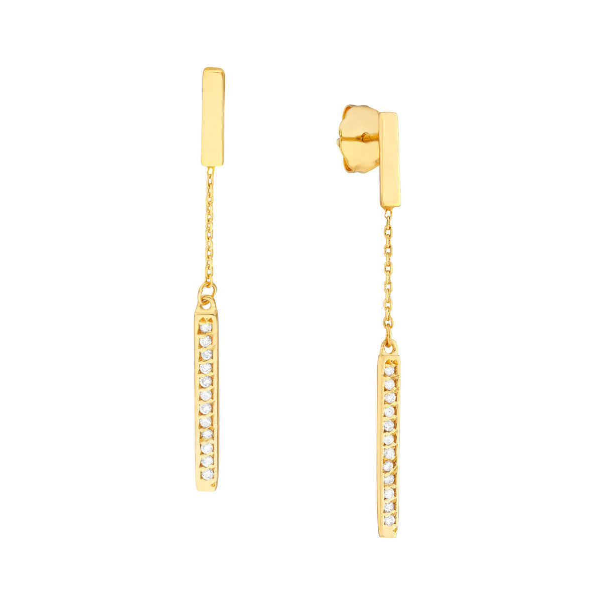 Diamond and Polished Bar Drop Earrings 14K Yellow Gold