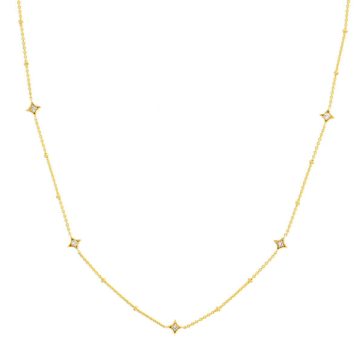 Diamond Star Bezels and Beads Necklace 14K Gold