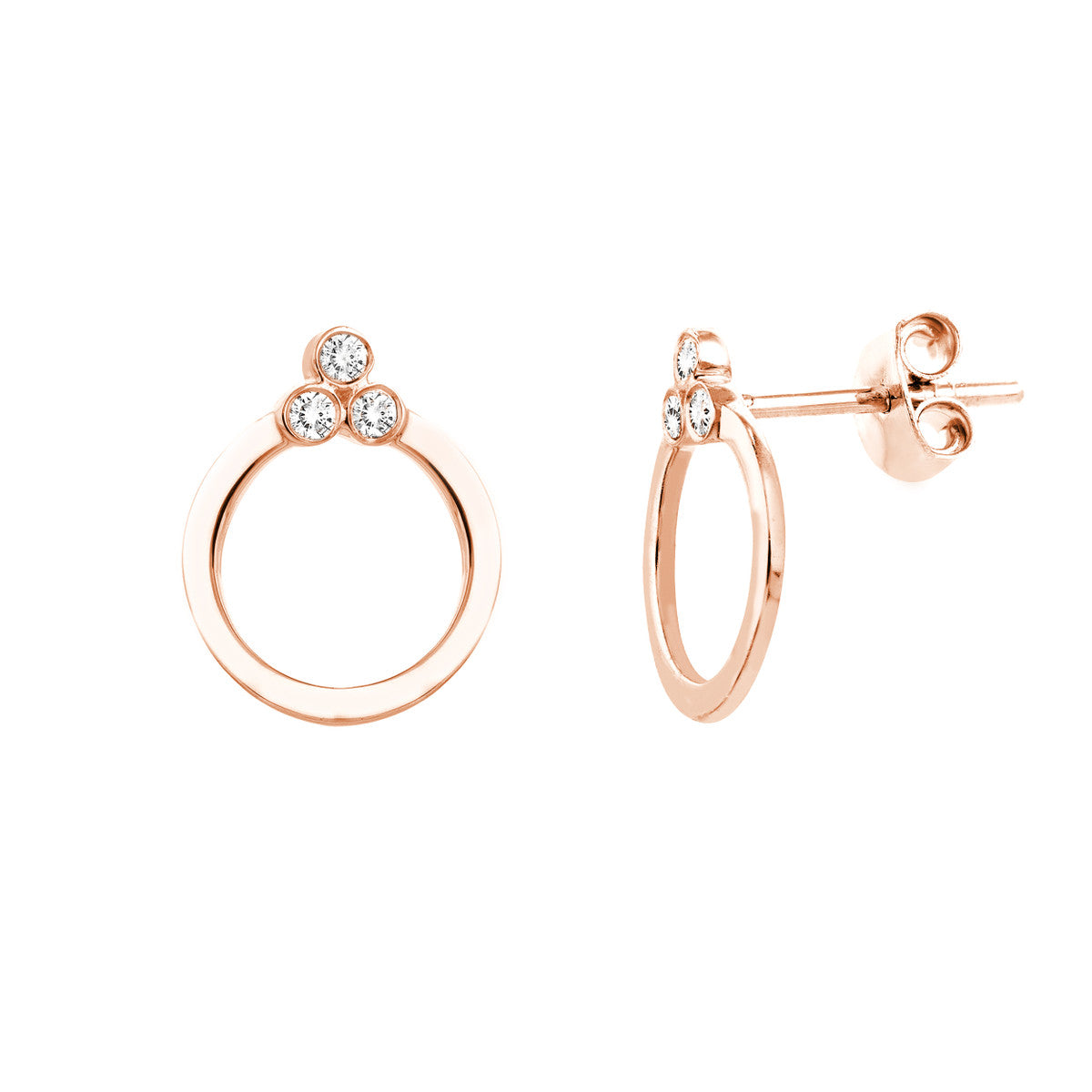 Diamond Trinity Door Knocker Stud Earrings 14K Yellow, White or Rose Gold