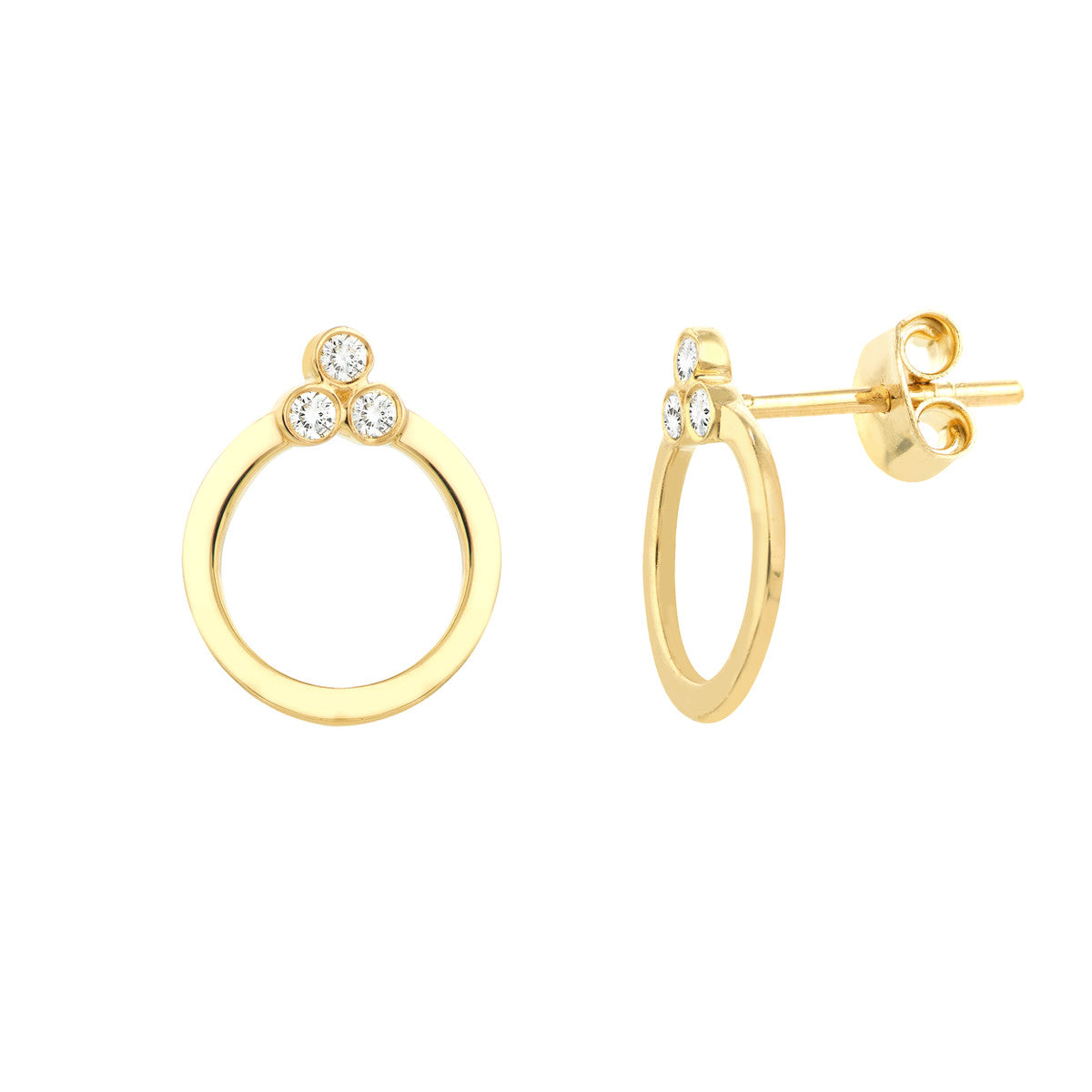 Diamond Trinity Door Knocker Stud Earrings 14K Yellow, White or Rose Gold
