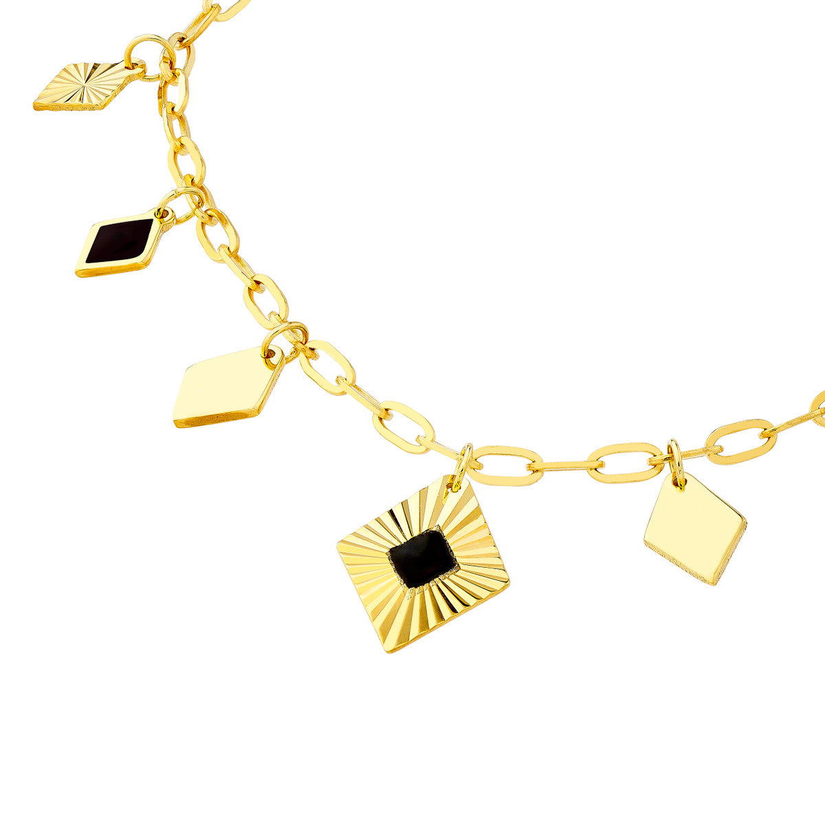 Black Enamel Diamond-Shaped Drops Necklace 14K Yellow Gold