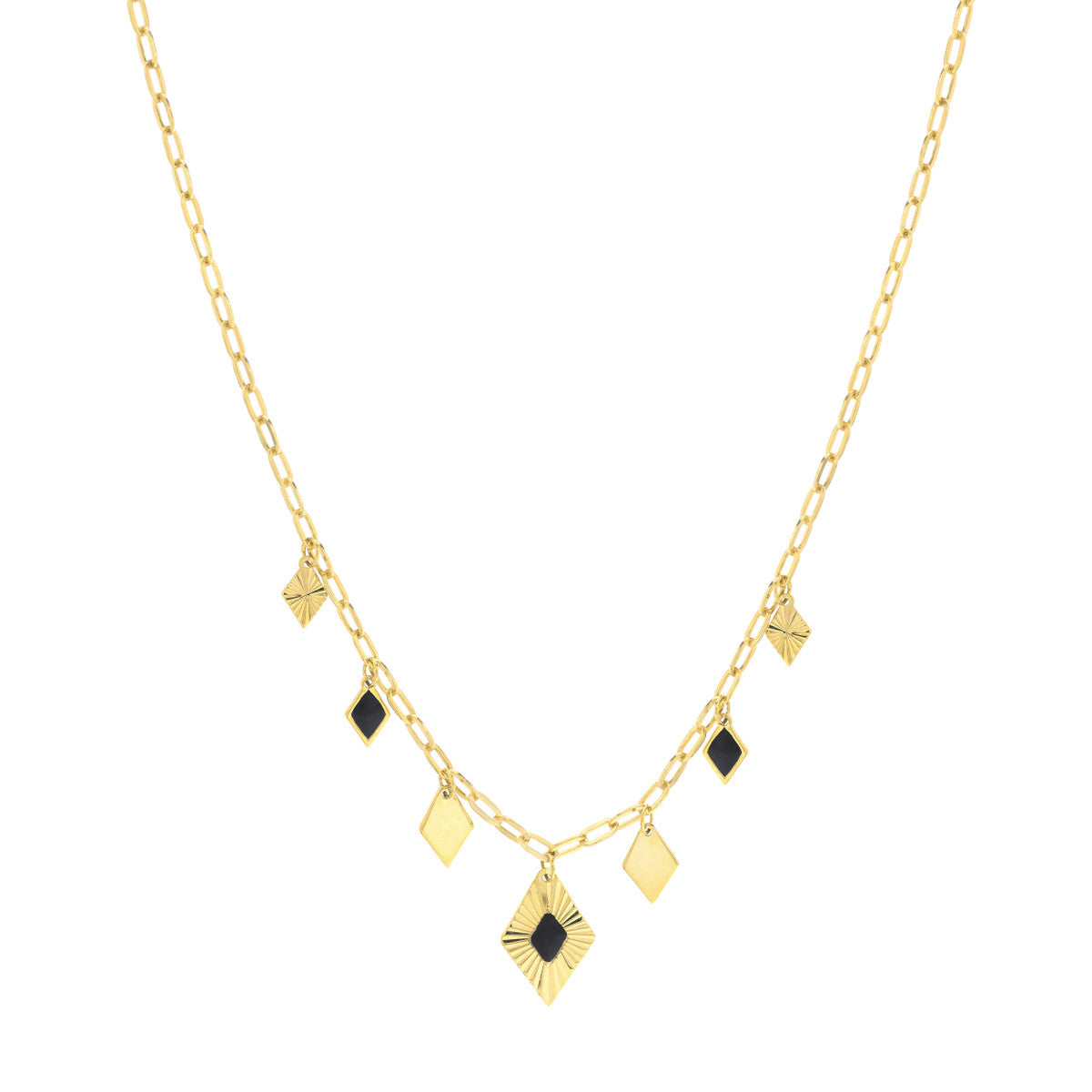 Black Enamel Diamond-Shaped Drops Necklace 14K Yellow Gold