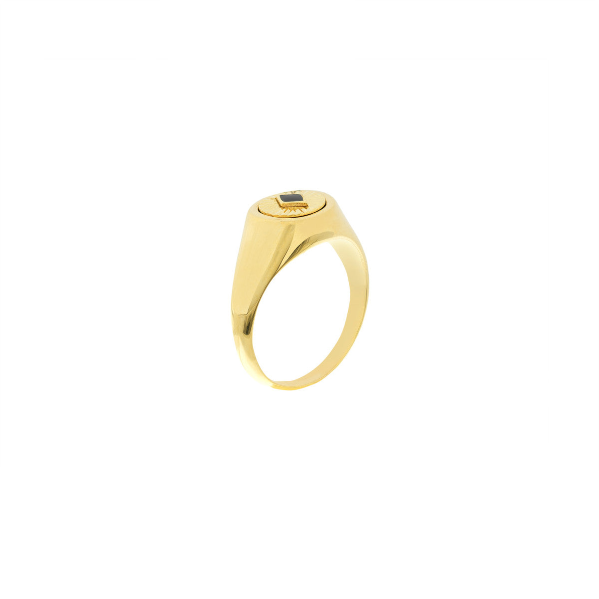 Fluted Black Enamel Diamond Signet Ring 14K Yellow Gold