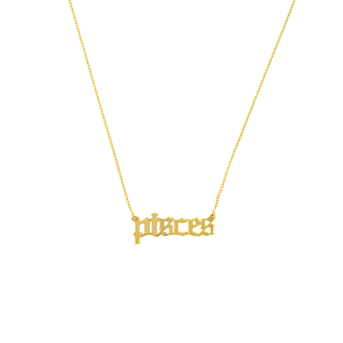 Gothic Pisces Nameplate Necklace 14K Yellow Gold