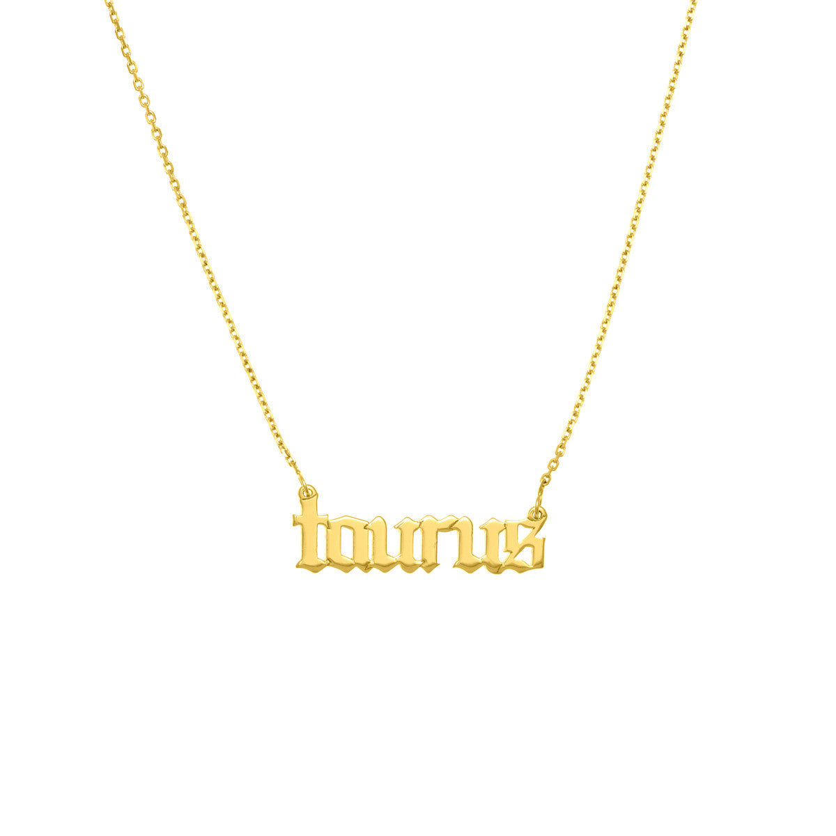Gothic Taurus Nameplate Necklace 14K Yellow Gold
