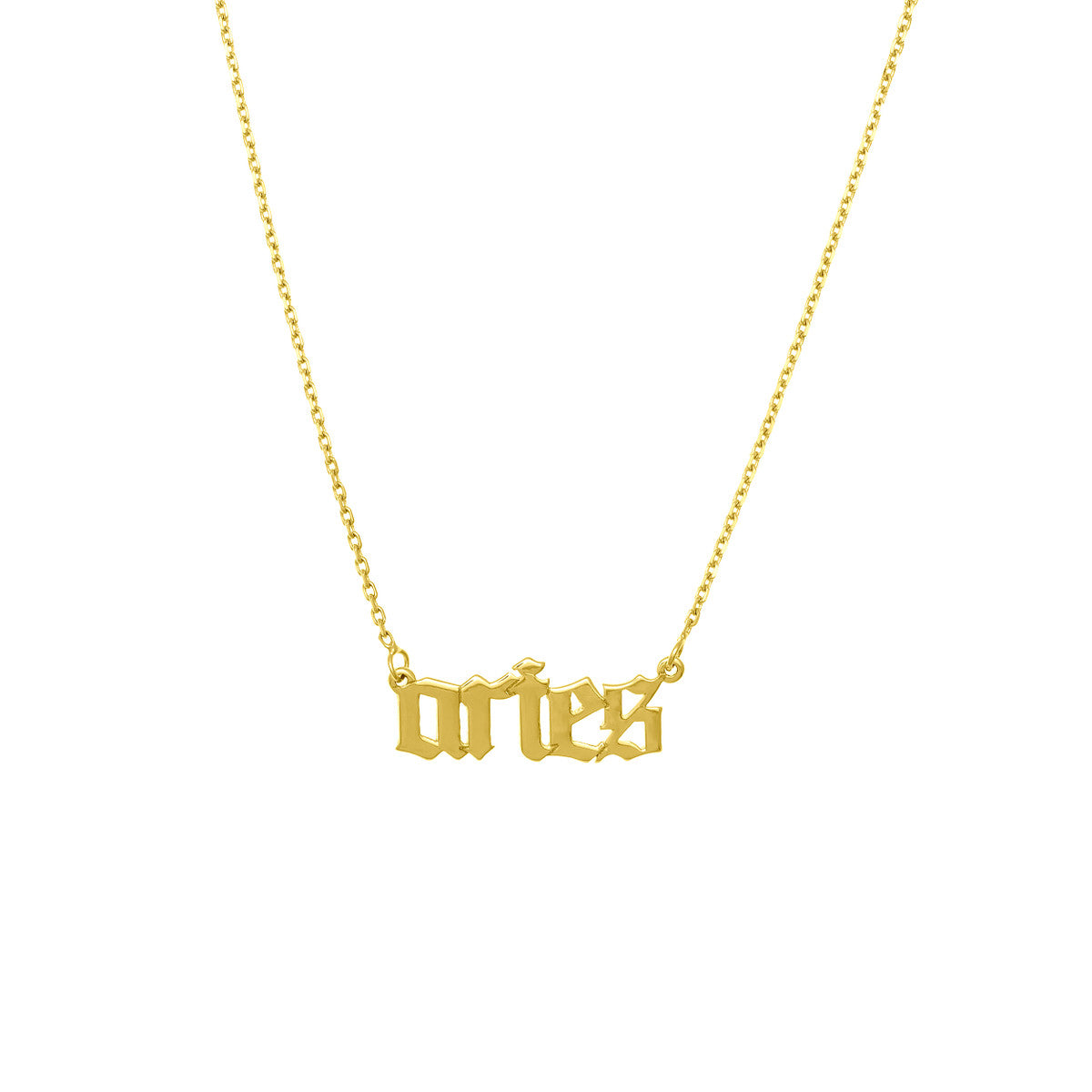 Gothic Aries Nameplate Necklace 14K Yellow Gold