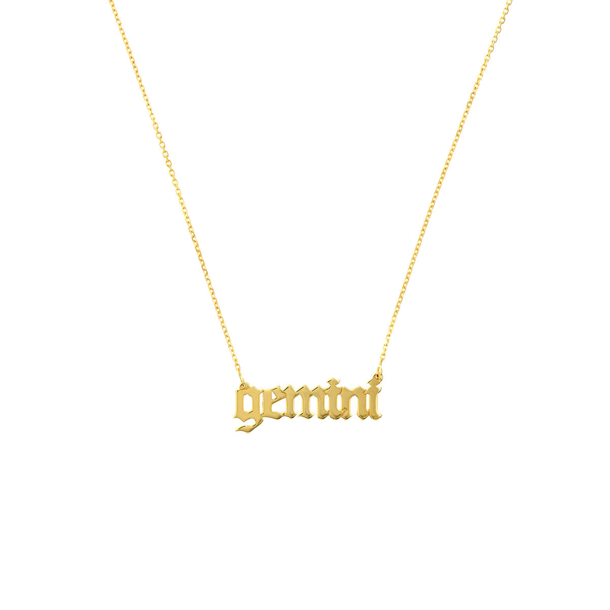 Gothic Gemini Nameplate Necklace 14K Yellow Gold