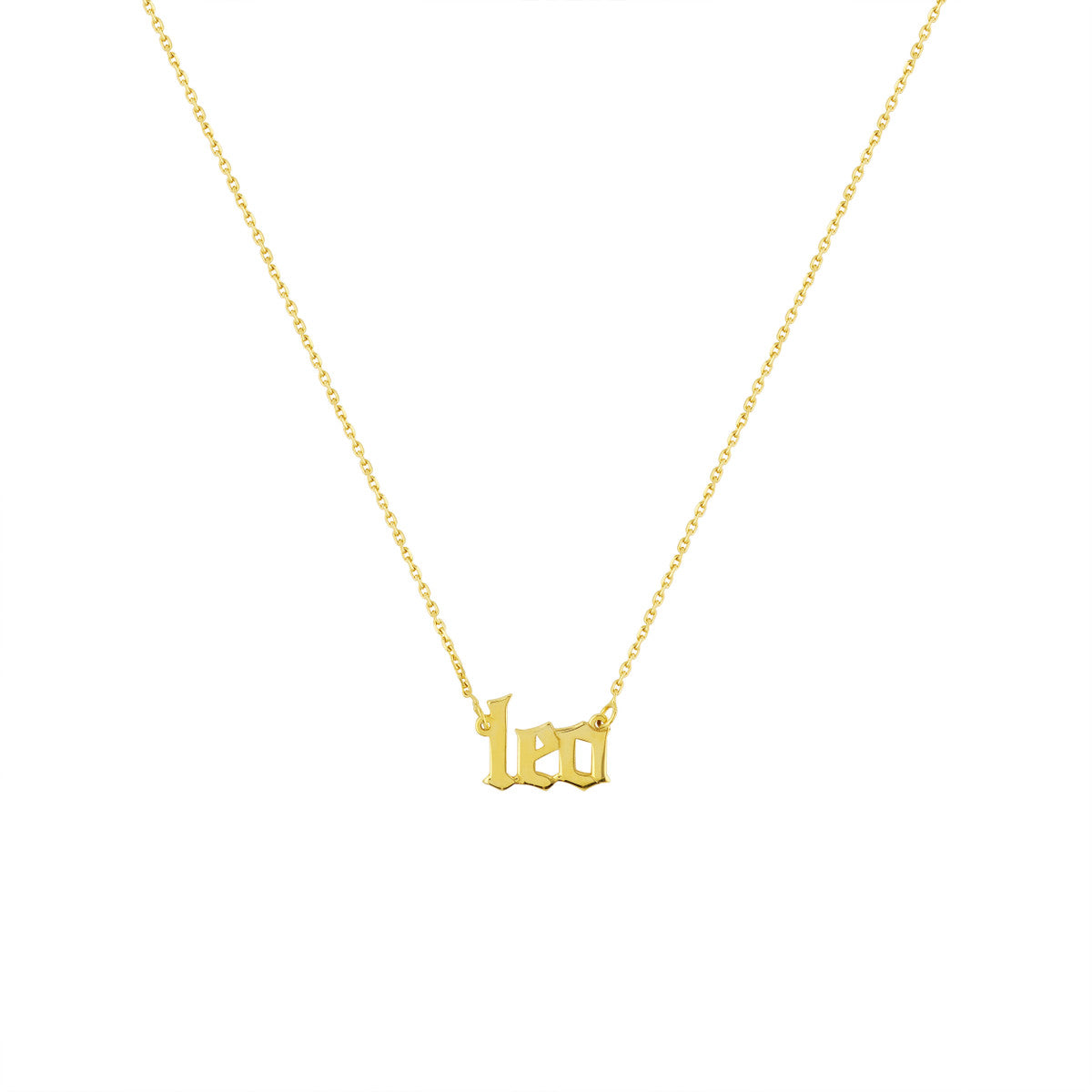 Gothic Leo Nameplate Necklace 14K Yellow Gold