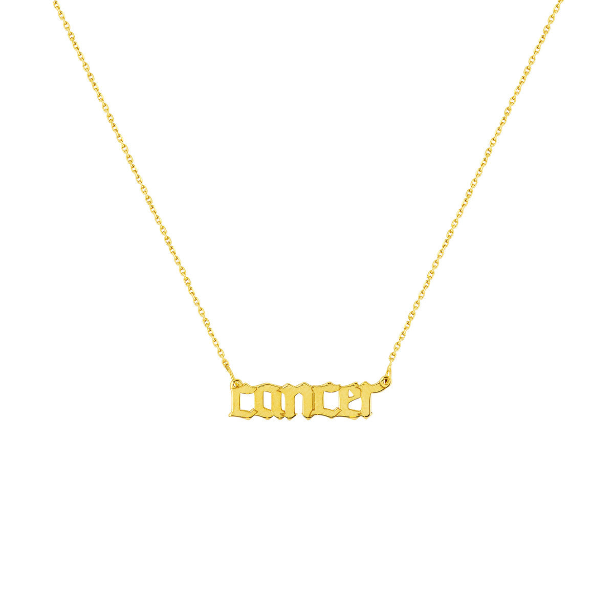 Gothic Cancer Nameplate Necklace 14K Yellow Gold