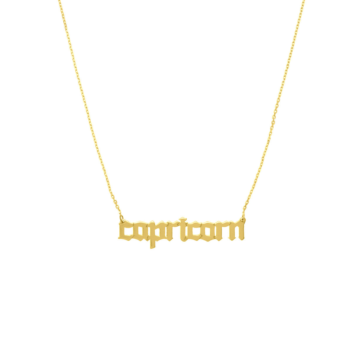 Gothic Capricorn Nameplate Necklace 14K Yellow Gold
