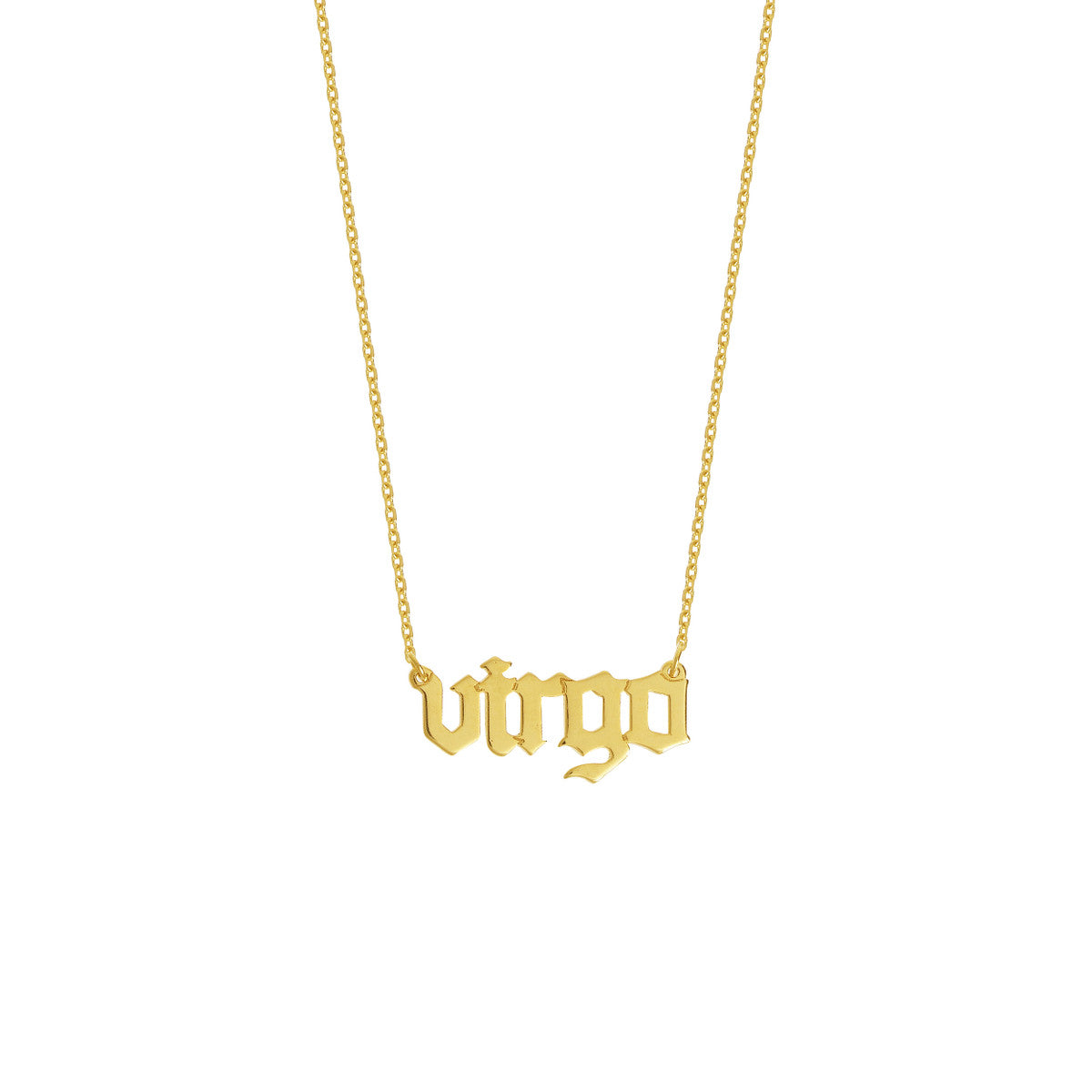 Gothic Virgo Nameplate Necklace 14K Yellow Gold