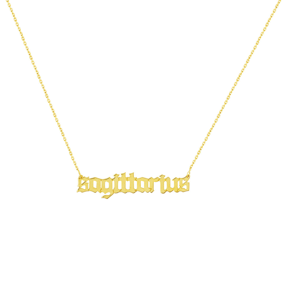 Gothic Sagittarius Nameplate Necklace 14K Yellow Gold