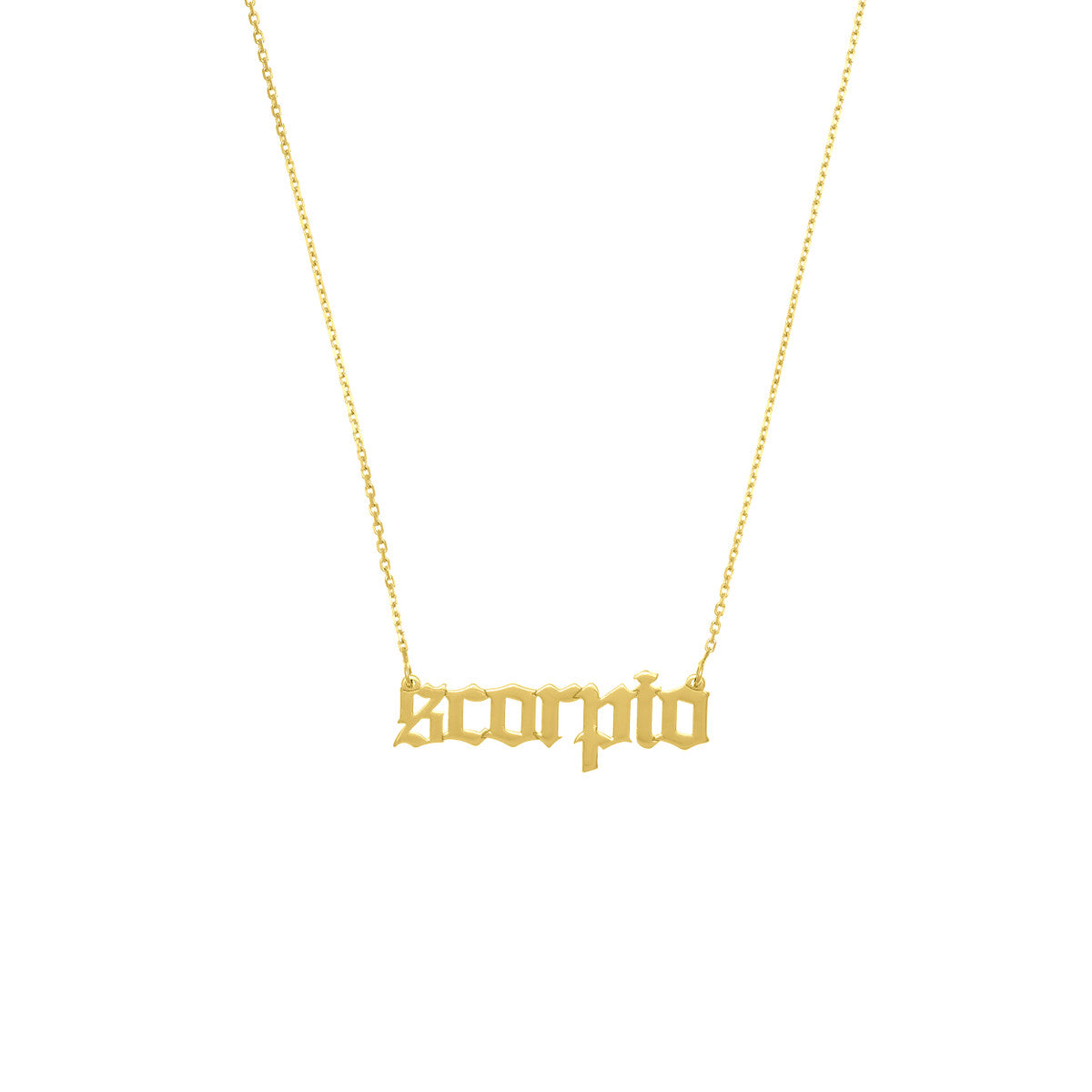 Gothic Scorpio Nameplate Necklace 14K Yellow Gold