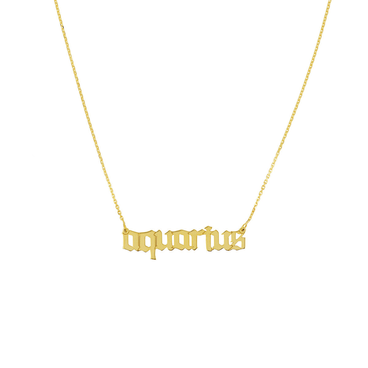 Gothic Aquarius Nameplate Necklace 14K Yellow Gold