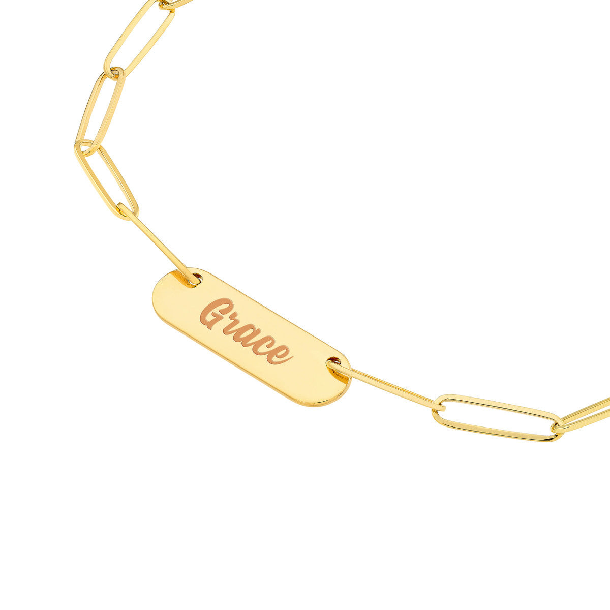 Paper Clip Necklace w/Rounded Engravable Bar 14K Yellow Gold