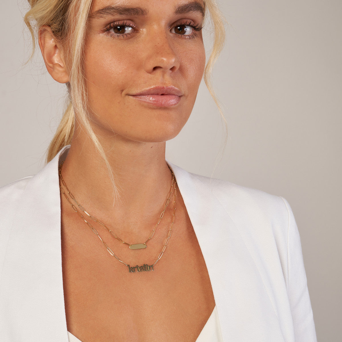 Paper Clip Necklace w/Rounded Engravable Bar 14K Yellow Gold