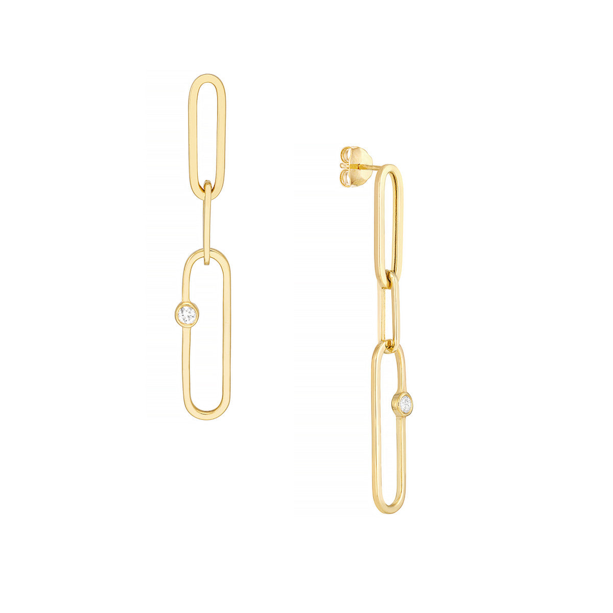Diamond Paper Clip Dangle Earrings 14K Yellow Gold