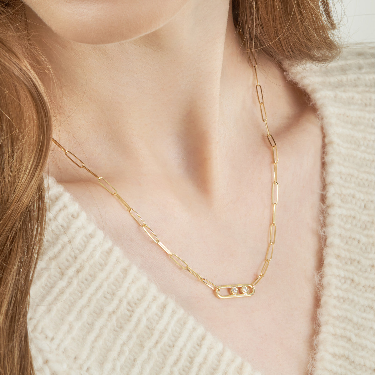 Twin Diamond Paper Clip Necklace 14K Yellow Gold