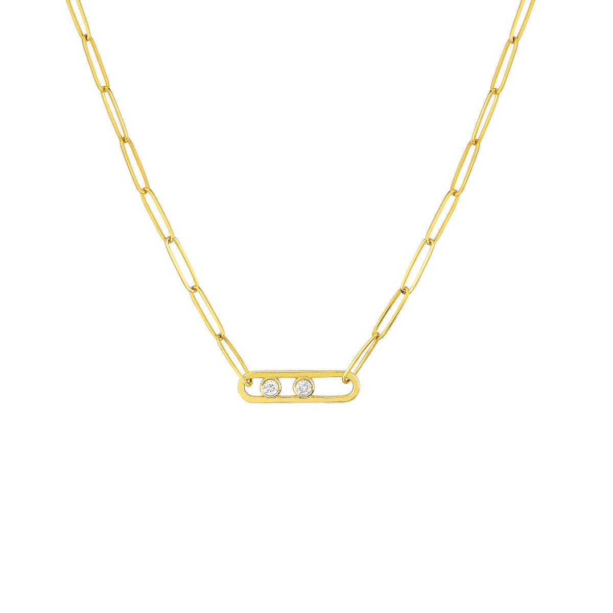Twin Diamond Paper Clip Necklace 14K Yellow Gold