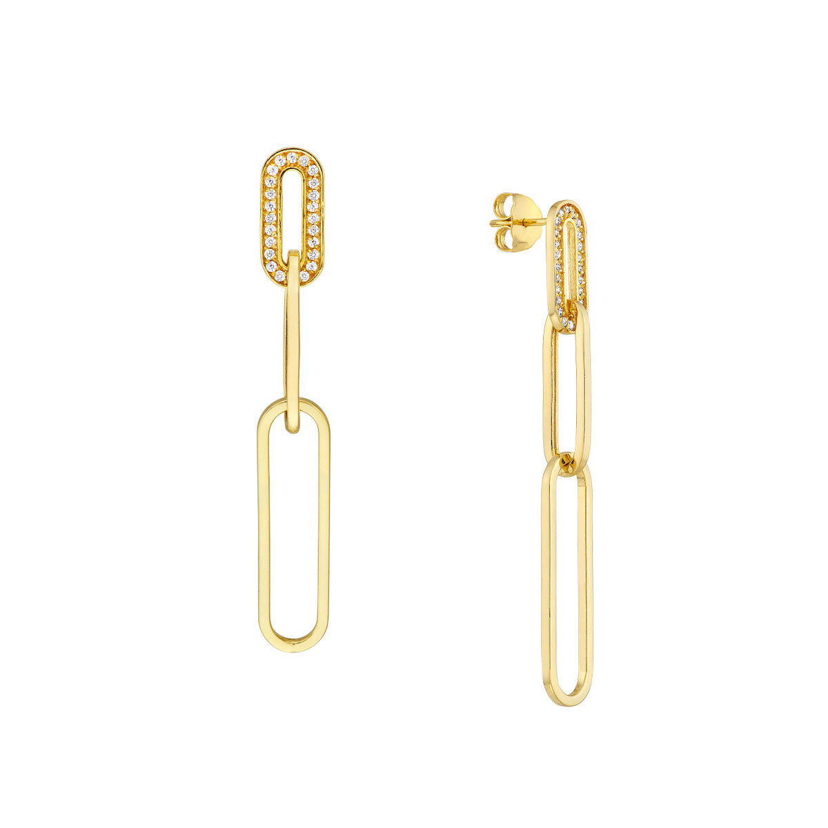 Diamond-trim Paper Clip Drop Post Earring 14K Yellow Gold