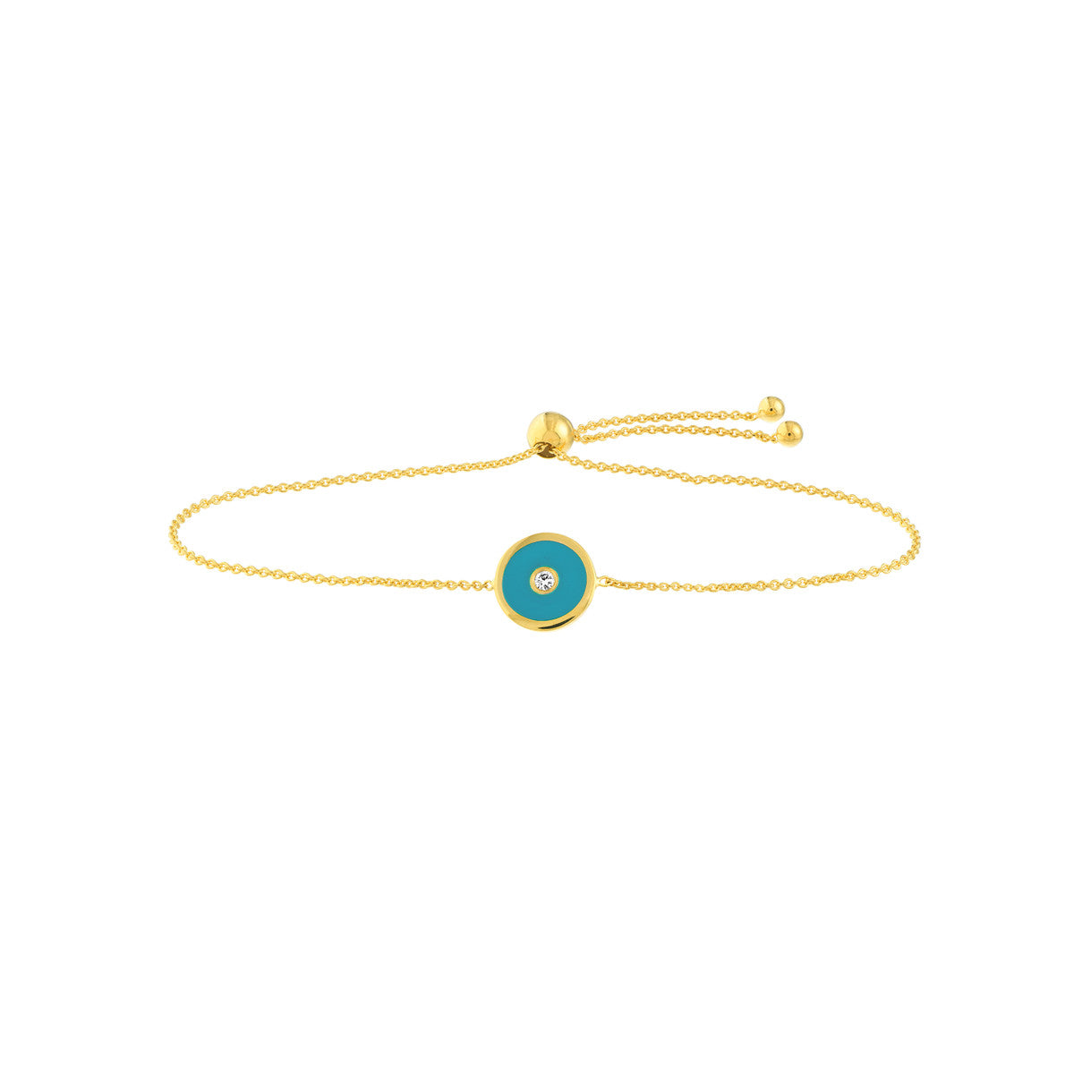 Blue Enamel Round Evil Eye Bolo Bracelet 14K Yellow Gold