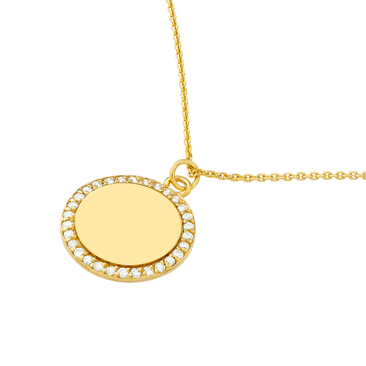 Diamond Framed Engravable Disk Necklace 14K Yellow Gold