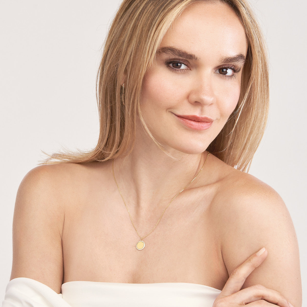 Diamond Framed Engravable Disk Necklace 14K Yellow Gold