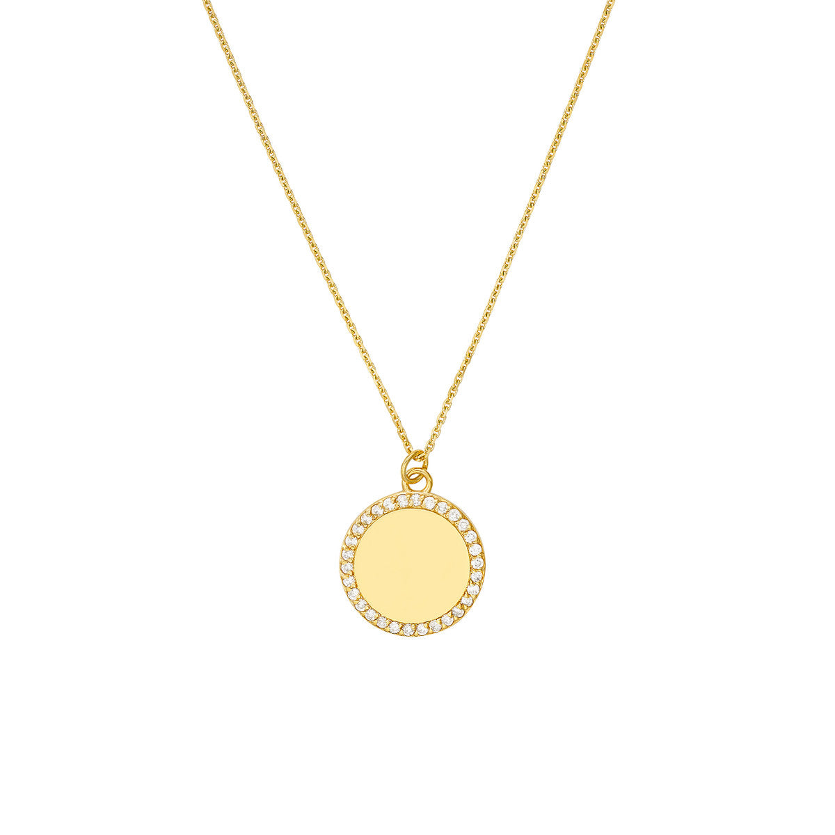 Diamond Framed Engravable Disk Necklace 14K Yellow Gold