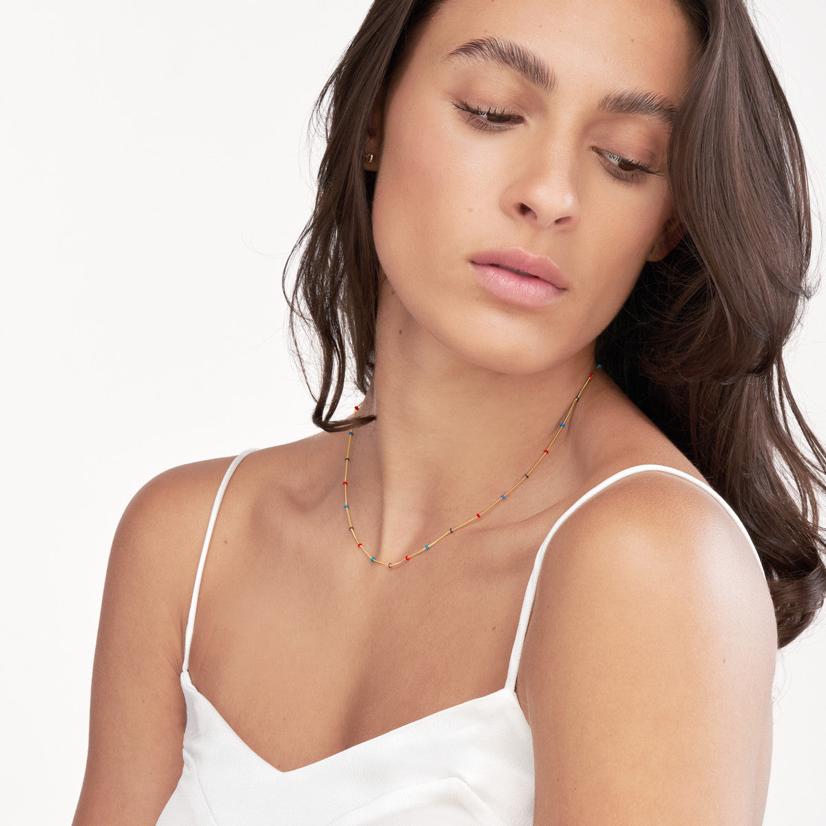 Enamel Bead Saturn Chain Necklace 14K Yellow Gold